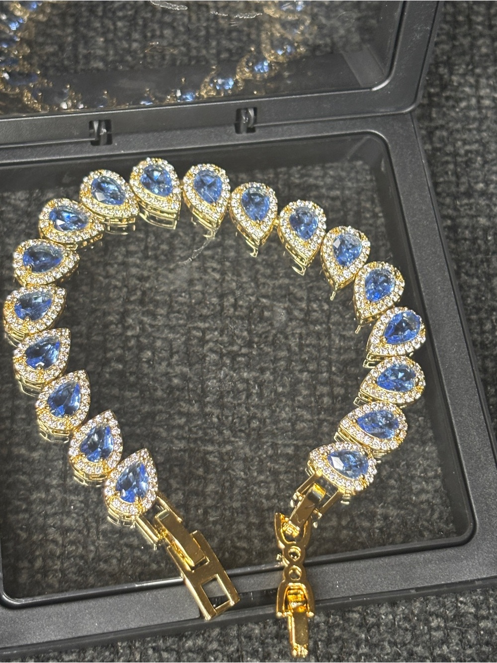 Gold Tennis Bracelet with Blue Teardrop